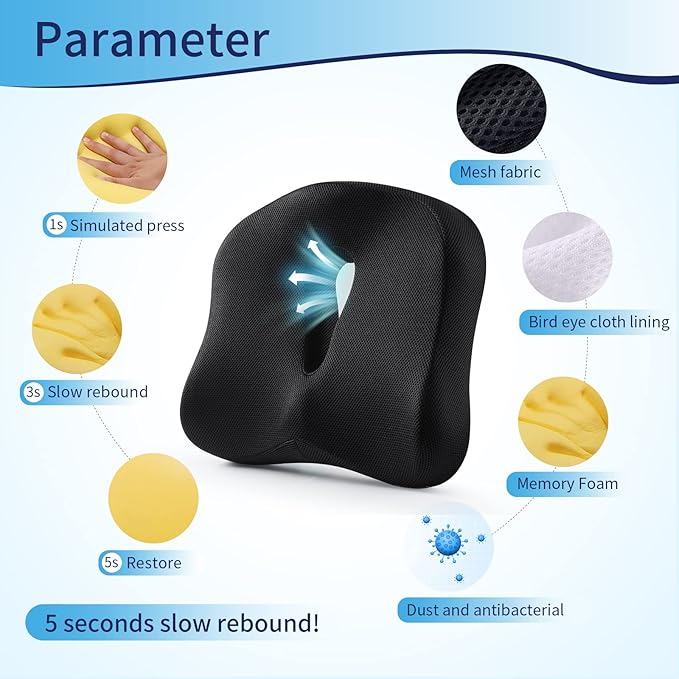 Memory Foam Seat Chair Cushion for Relieves Back Sciatica Pain Tailbone Pain Coccyx Degenerating Disc Orthopedic Osteoarthritis Prostate Cushion Low Back Pain Cushion Hip Shaping (Black mesh)