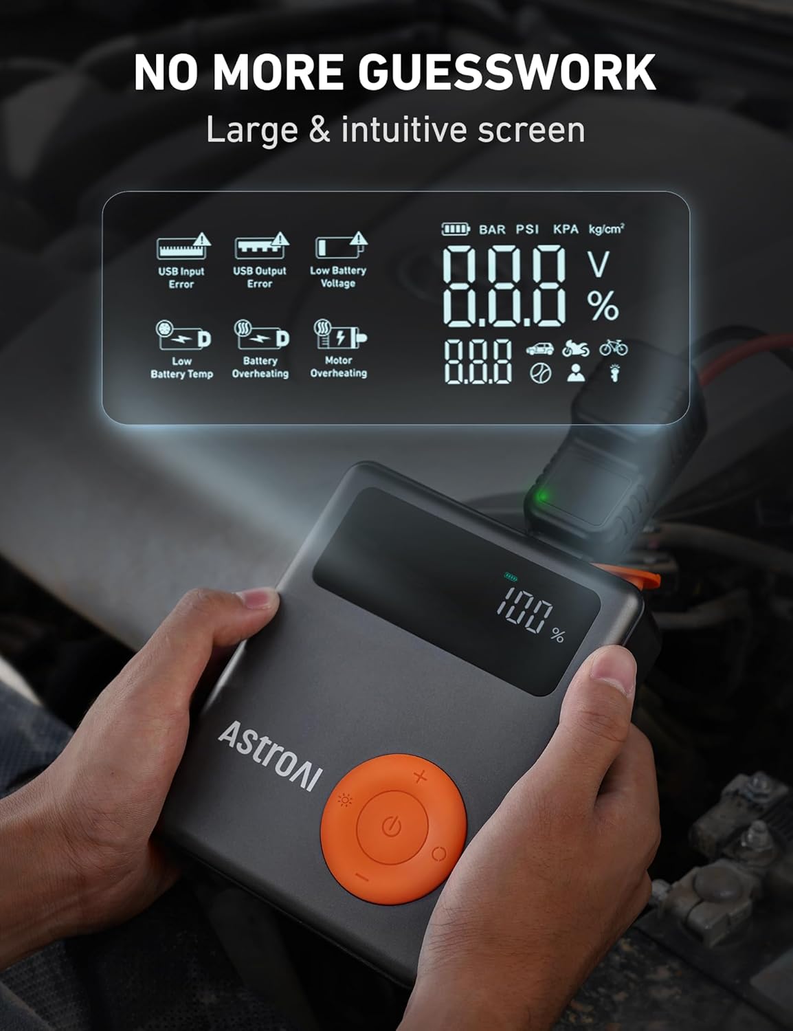 AstroAI Portable Car Jump Starter with Air Compressor, 150PSI 1750A Car Jumper Starter Battery Pack with Cordless Tire Inflator (7.5 Gas/5.0L Diesel), 12V Jump Box, Large LCD Display, Lights