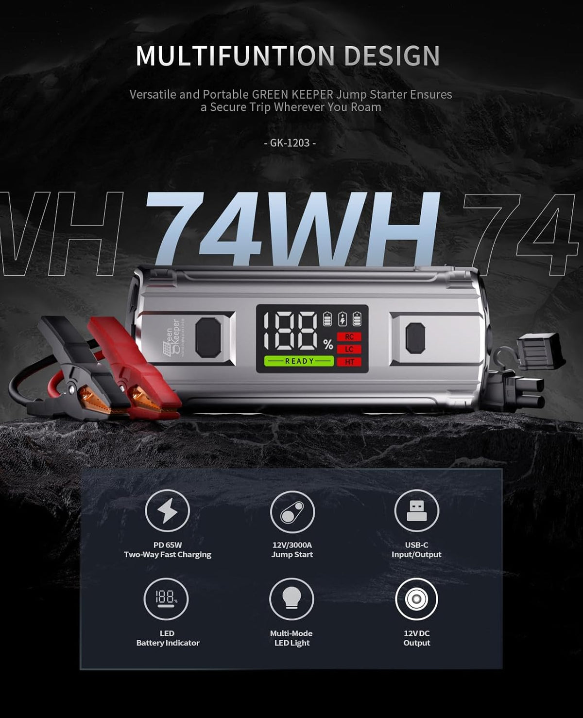 Car Jump Starter 3000A Portable: 12V Jump Start Battery Pack for 8.0L Gas/Diesel Engines, Car Battery Jumper Starter with PD65W Fast Charge, Smart Jumper Cable for Safety, 3 Emergency LED Lights Kit
