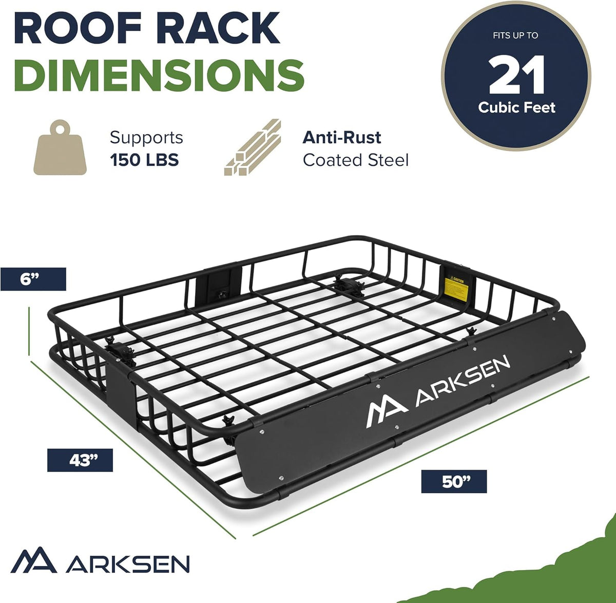 ARKSEN 43 x 50 x 6 Inch Universal Extra Wide 150LB Heavy Duty Roof Rack Cargo with Extension Car Top Luggage Holder Carrier Basket for SUV, Truck, & Car Steel Construction