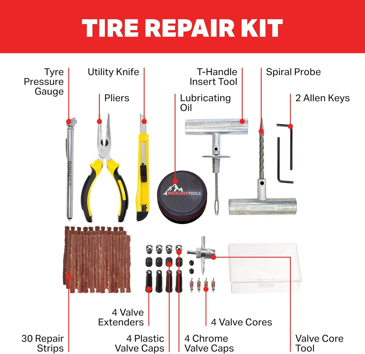 Boulder Tools | Heavy Duty Tire Repair Kit - Flat Tire Patch Kit, Tools for Quick and Easy Repair - Tire Plugs Kit Suitable for Car, Truck, RV, SUV, ATV, Motorcycle, Tractor, Bike & Trailer