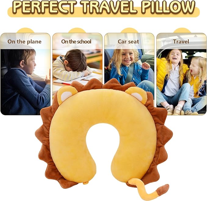 H HOMEWINS Travel Pillow for Kids,Cute Animal Neck Pillow for Boys Girls,Soft Neck Head Chin Support Pillow,Travel Accessories for Airplane, Car, Train,Recline(Lion)