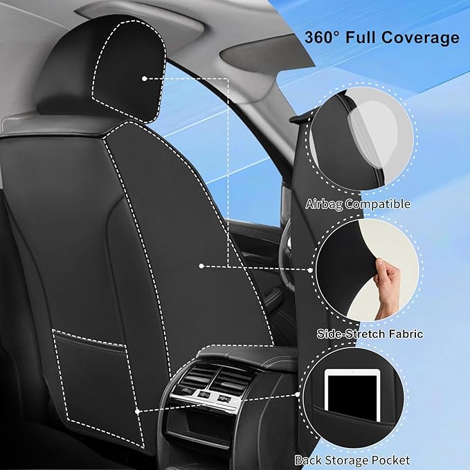 Fit Equinox Car Seat Covers (Front Pair) for Select Chevrolet/Chevy Equinox 2007-2026 - Premium Full Coverage Leather, Airbag Compatible, Waterproof & All Weather Seat Cushion Protector, Black