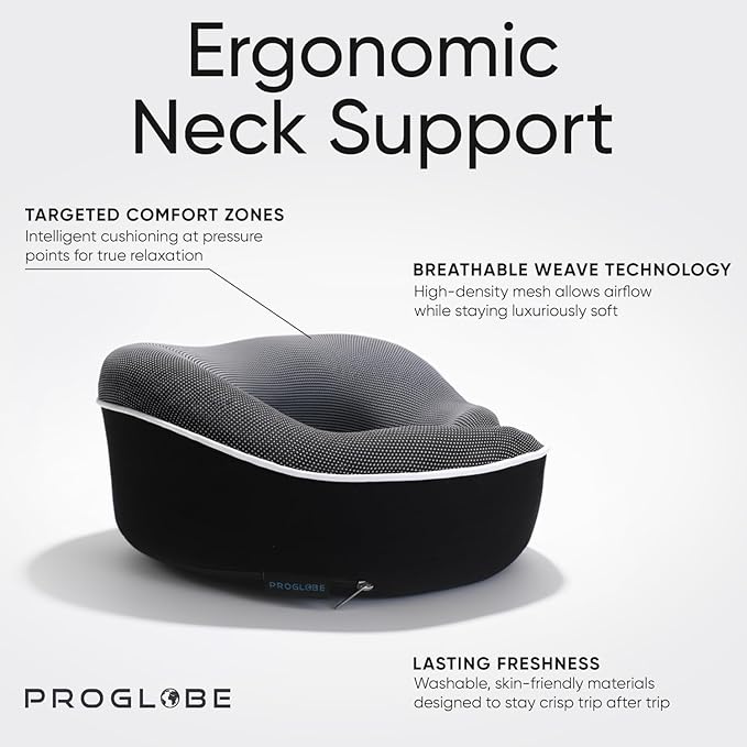 Proglobe Orthopedic Neck Pillow, Travel Neck Pillows for Airplanes, Memory Foam Kit, 360° Head Support, Airplane Pillow Set with 3D Contoured Eye Masks, Earplugs, and Luxury Mesh Bag (Black)