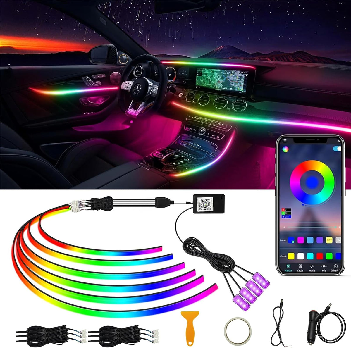 Acrylic Interior Car LED Strip Light RGB Dreamcolor 10 in1 with Wireless APP, 175 inches 593 LED 16 Million Color Fiber Optic Automotive Ambient Light Kits Music Sync Sound Activated Car Neon Lights
