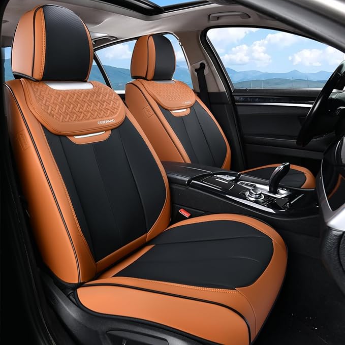 Coverado Seat Covers, Front Car Seat Cover, 2 Pack Breathable Nappa Leather Seat Cover, Waterproof Car Seat Protector, Car Seat Cushion, Universal Auto Seat Covers Fit for Most Cars (Brown&Black)