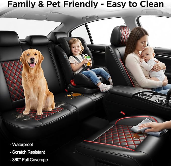 Fit Elantra Car Seat Covers for Hyundai Elantra 2017-2025 2026 - Premium Leather, Waterproof, All-Weather, Airbag Compatible, Anti-Slip, Breathable, Seat Protectors, Full Set, Redline