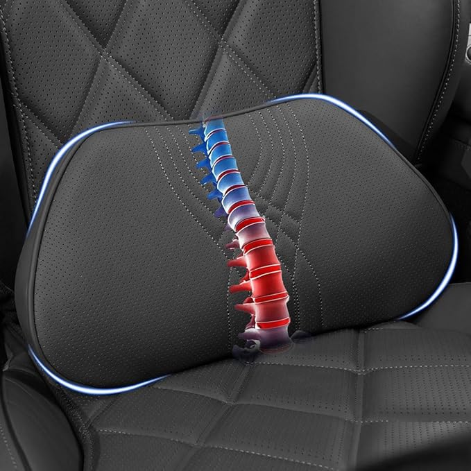 Lumbar Support Pillow for Car Seat, Office Chair Nappa Leather Memory Foam Lower Back Cushion for Back Pain Relief Improve Posture, Ergonomic Back Rest for Gaming Chair, Black, 1PC