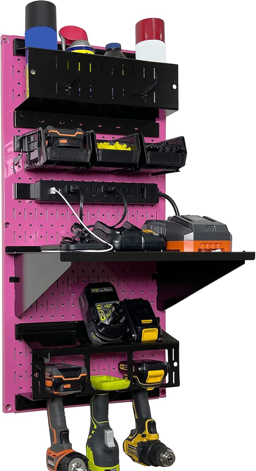 Wall Control Power Tool Storage Organizer Kit Cordless Drill Holder Charging Station Rack 16” x 32” Metal Pegboard Organization System (Pink Pegboard)