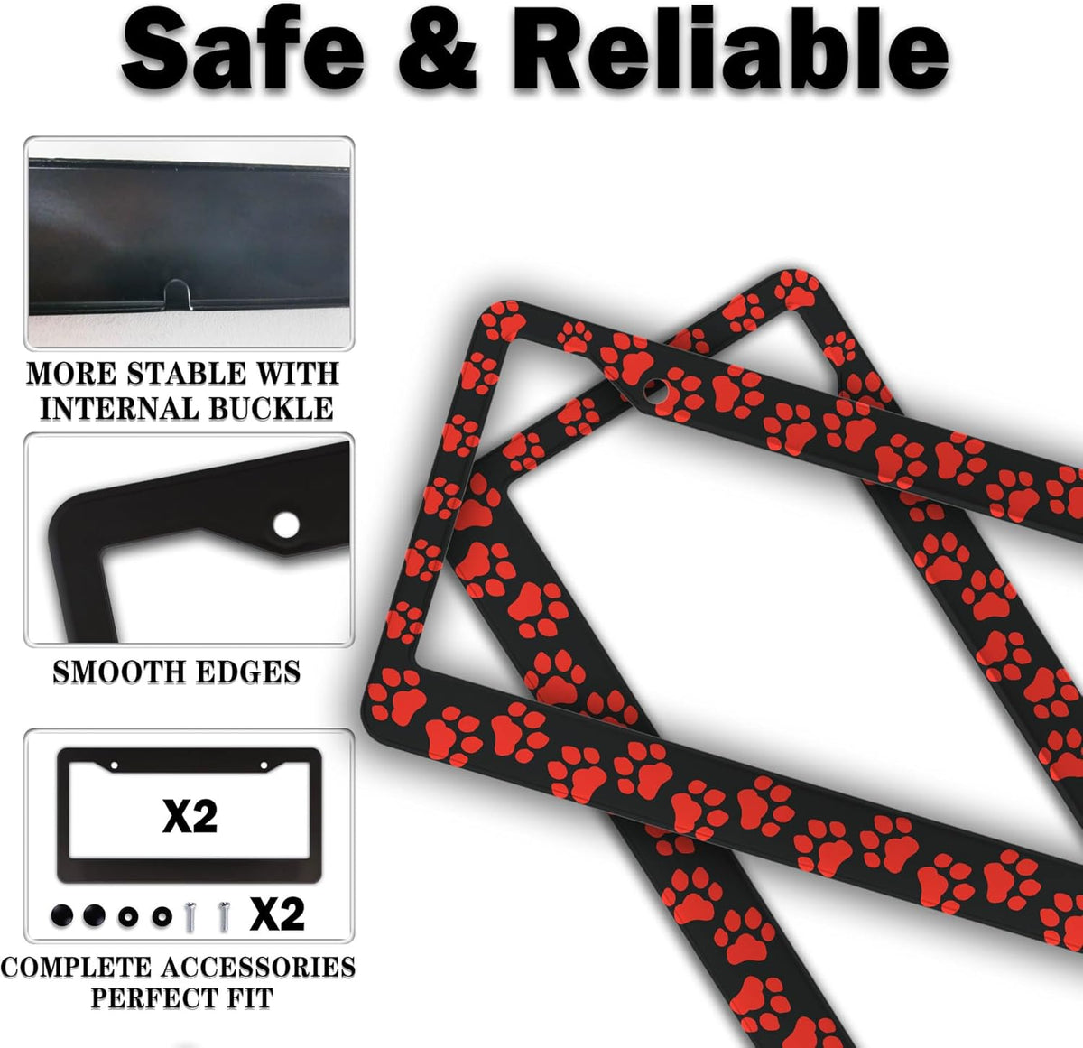 Custom License Plate Frame Black and Red License Plate Frames Animal Dog Paw Aluminum Metal Car Accessory 2 Pack with Screw Covers Set