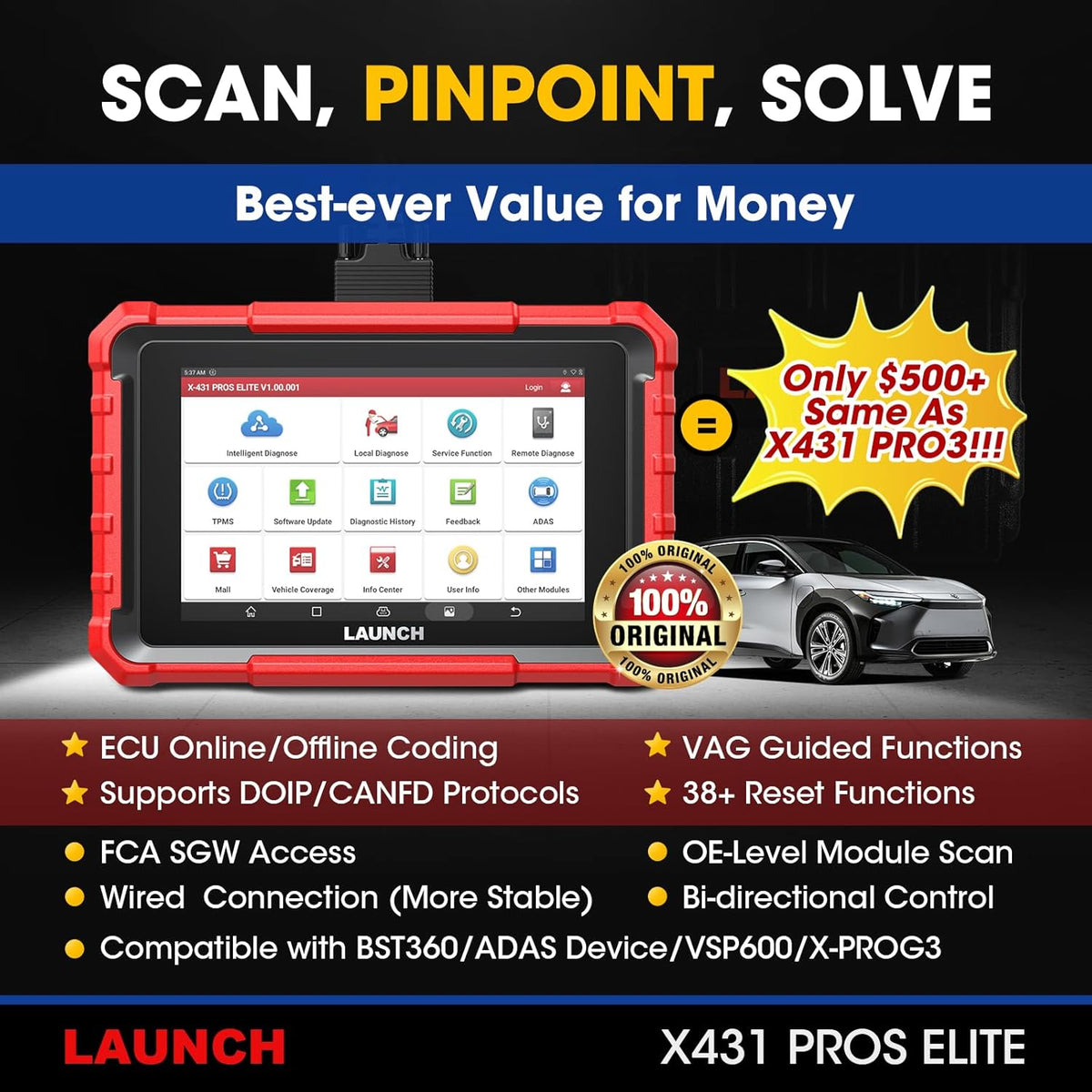 LAUNCH X431 PROS Elite 2025 New Bidirectional Scan Tool, 38+ Services, ECU Coding, All-in-One Full System Diagnostic Scanner, Support CANFD&DoIP, FCA AutoAuth, V.A.G Guided, 2 Years Free Update