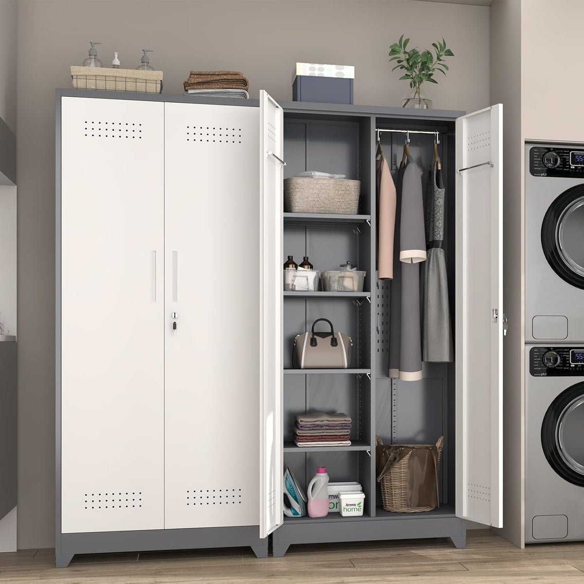 GREATMEET 72.8" Broom Storage Cabinet, Utility Cabinets for Brooms and Mops, Metal Storage Cabinets for Cleaning Supplies, Utility Closet for Garage, Grey&White