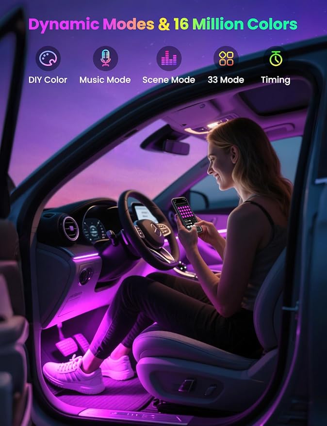 Pak Car LED Lights, Smart RGB 48 LED Car Interior Light with APP Control, Under Dash Car Strip Lights, Music Mode, DIY Mode, 2 Lines Design with Car Charger, Ambient Lighting for Cars, SUVs, Trucks