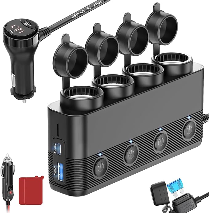 Cigarette Lighter Splitter Car Charger, 300W 4 Socket Car Plug in Outlet 12V Adapter with Dual PD 36W and QC3.0 USB C Multi Port & Independent Switch & Dust Cover & Voltmeter for All Car Devices