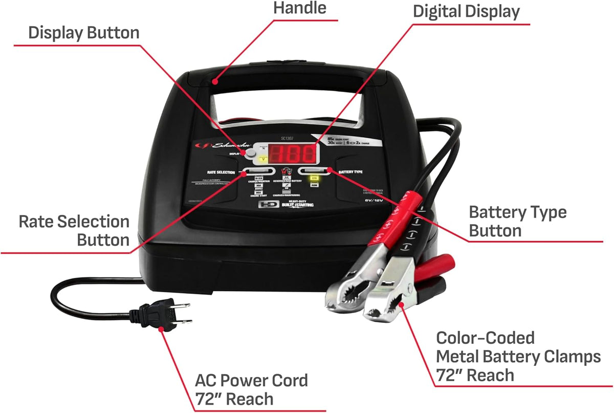 Schumacher Electric 6A Battery Charger and 85A Engine Starter, 6-in-1 Solution for 6V/12V Batteries, Maintainer, 30 Amp Boost, SC1307, for Power Sport, Car, Truck, and Marine Batteries