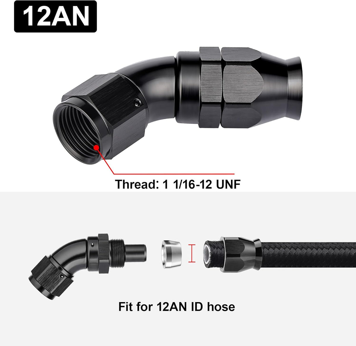 EVIL ENERGY 12AN 45 Degree PTFE One Piece Full Flow End Hose Fitting Aluminum Black