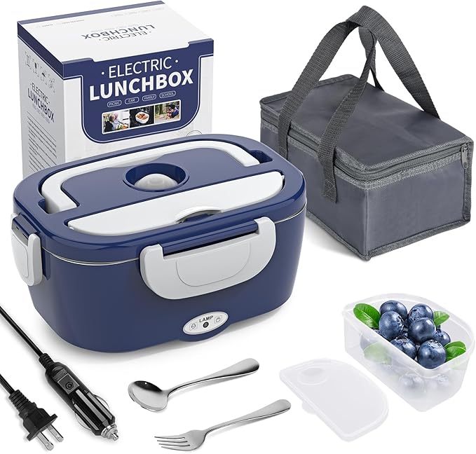 Electric Lunch Box Food Heater, 3 in 1 Ultra Quick Heated Lunch Boxes for Adults, 12V/24V/110V Portable Food Warmer for Car/Truck/Office With Fork Spoon and Insulated Carry Bag