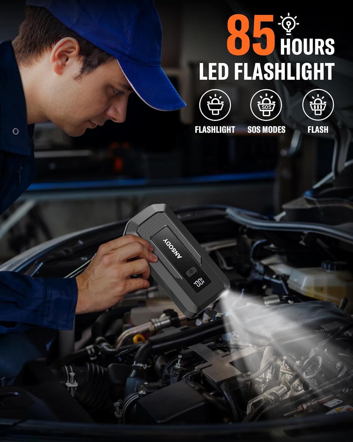 3000A Peak Car Jump Starter(Up to 10L Gas or 8L Diesel Engine), Battery Booster with Jump Leads, Built-in LED Floodlight & SOS, -20℃ Cold Cranking, Jump Box for 12V Pickup SUV Motorcycle