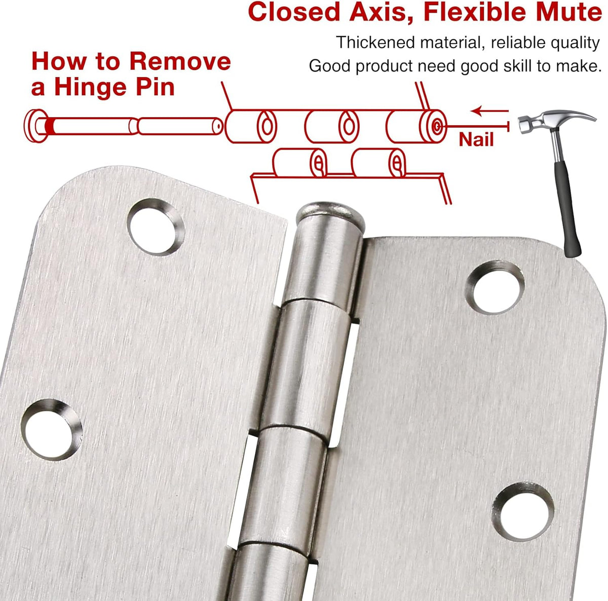 24 Pack Interior Satin Door Hinges Brushed Nickel 3.5 Inch x 3 1/2" 5/8" Rudius Rounded Heavy Duty Metal Iron Hinge 3 ½ Bifold Standard Doors Hardware Fittings for Flat,Bed/Storage/Basement Room