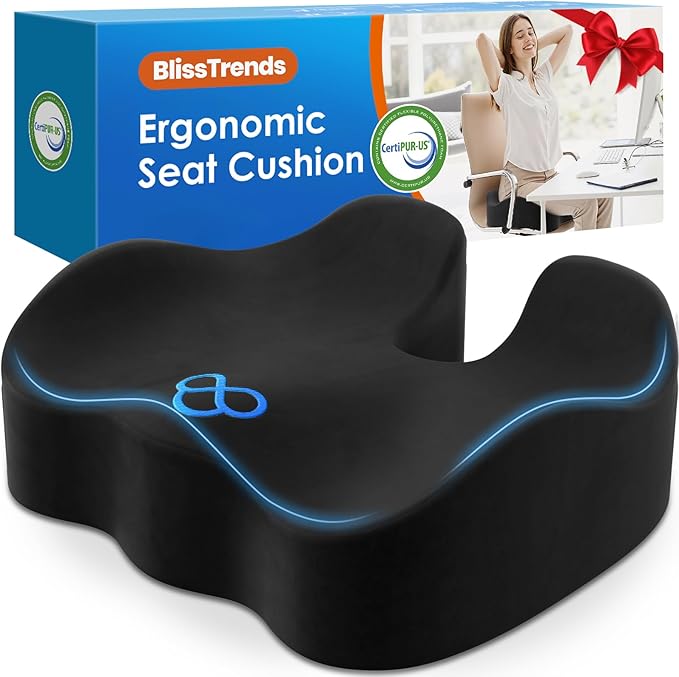 BlissTrends Seat Cushion,5.2in Thick Memory Foam Cushions for Office Chair, Car Seat, Airplane, Relieving Pressure Tailbone Sciatica Back Pain for Long Sitting Office Workers, Car Drivers Black