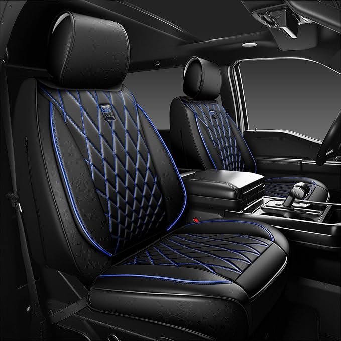 CAR PASS Luxury PU Leather Two Front Car Seat Covers, Waterproof Seat Covers Compatible with Front Seat Armrests, Airbag Compatible Anti- Slip Universal Fit for Cars Suvs Vans Trucks Black Blue