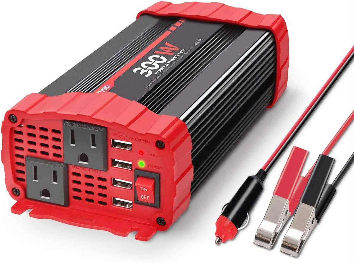 BYGD 300W Car Power Inverter, DC 12V to 110V AC Vehicle Plug Adapter Converter with 4 USB Quick Charging Ports and Dual AC Outlets Car Charger Equipped Cigarette Lighter Cable and Battery Clamps Red