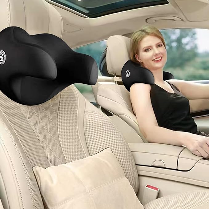 SPRFUFLY U-Shaped Car Headrest Pillow for Sleeping, 100% Memory Foam Car Pillow with Breathable Removable Cover, Ergonomic Design - Ideal Car Companion for Naps & Neck Pain Relief (Black, 1PC)