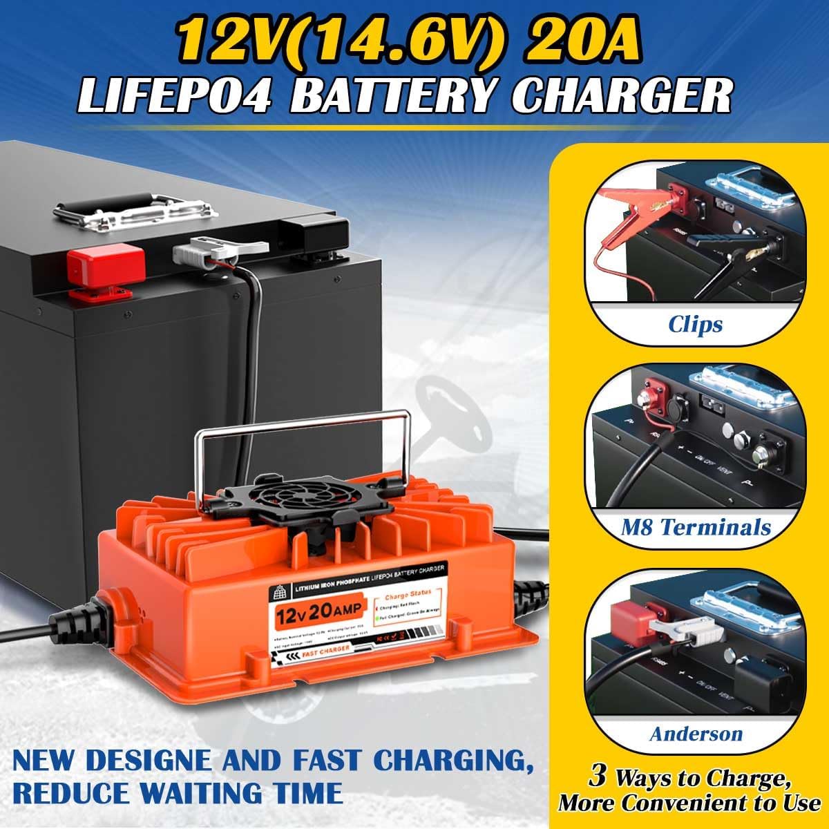 14.6V 20A LiFePO4 Battery Charger 12V Lithium Battery Charger with Anderson Plug AC to DC Smart Trickle Charger for Lithium Iron Deep Cycle Batteries of Trolling Motor RV Marine Car