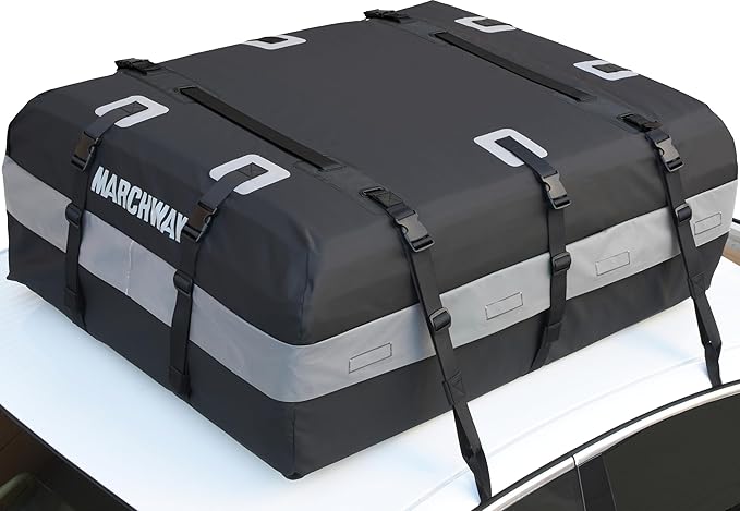 MARCHWAY Waterproof Car Roof Luggage Bag, Weatherproof Soft Shell Rooftop Cargo Carrier Bag for Vehicles with or Without Rack. 6 Door Hooks, Anti Slip Mat, Lock Included (15 Cubic Feet, Black)