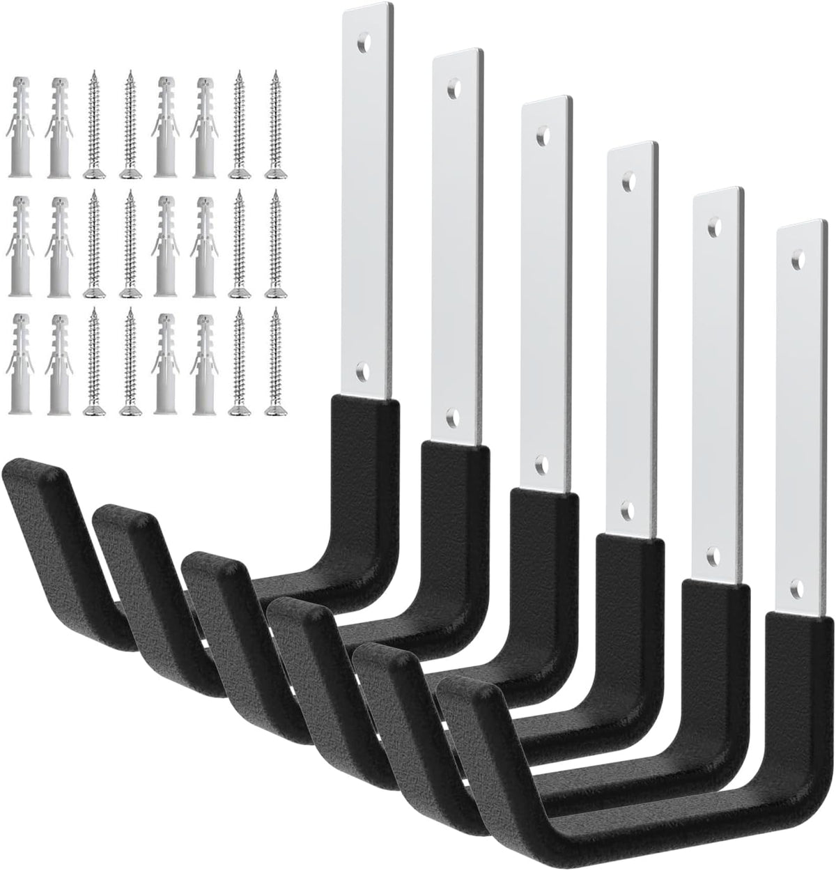 Heavy Duty Utility Hooks - Wall Mount, Hooks for Garage, Hose, Bike, Ladder, Leaf Blower Hanger (6 Medium)