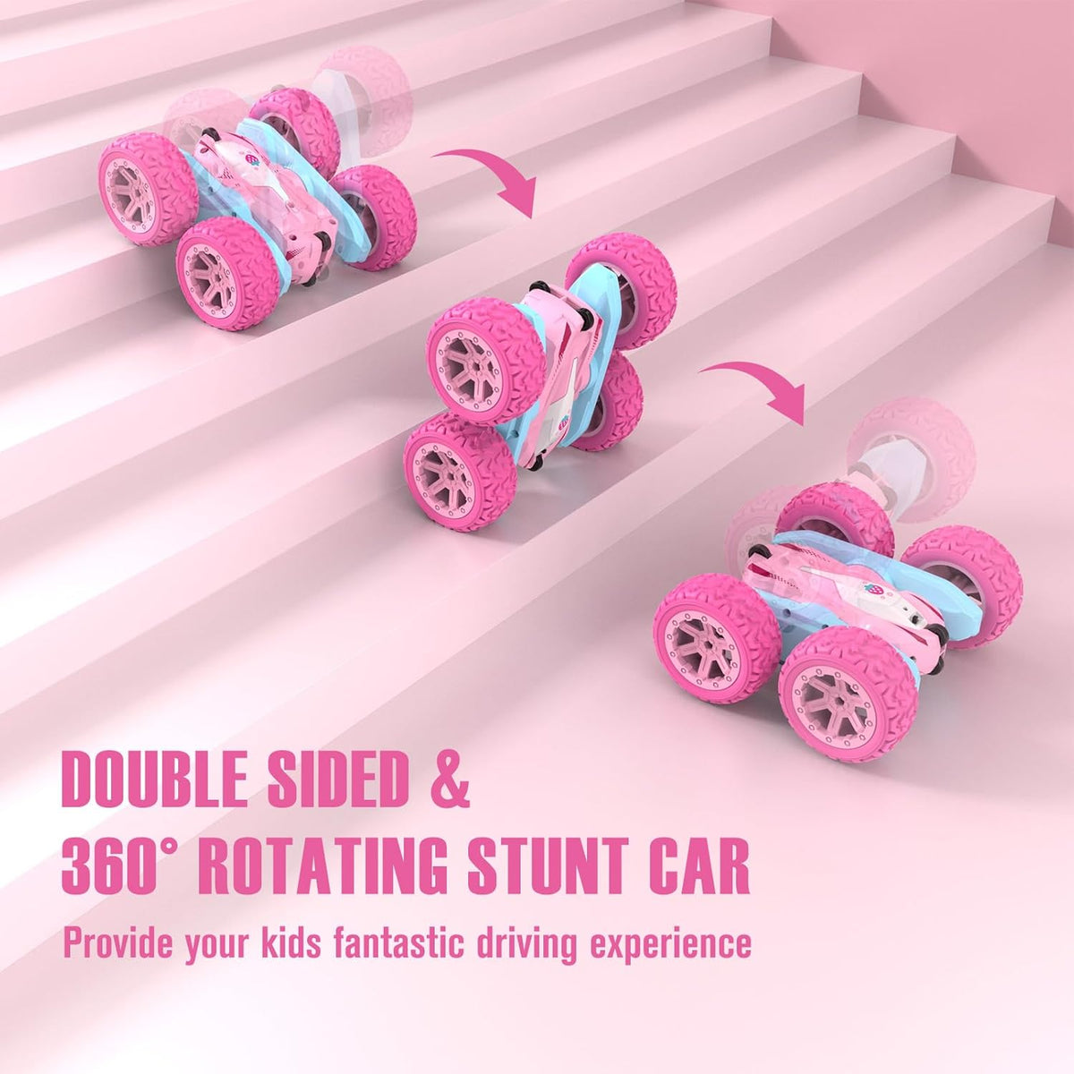 Remote Control Car, Pink RC Cars for Girls, Rechargeable RC Truck, 2.4Ghz Double Sided 360° Rotating Stunt Car Toy with Headlights, Birthday Gift for Kids Age 3+