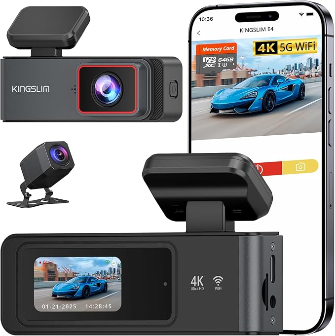 Kingslim 4K Dash Cam Front and Rear with 64GB SD Card, 5G WiFi Dash Camera for Cars, 1.5'' Screen Dashcam Wireless APP Control, Support G-Sensor/Time Lapse 2 Kinds Parking Monitor