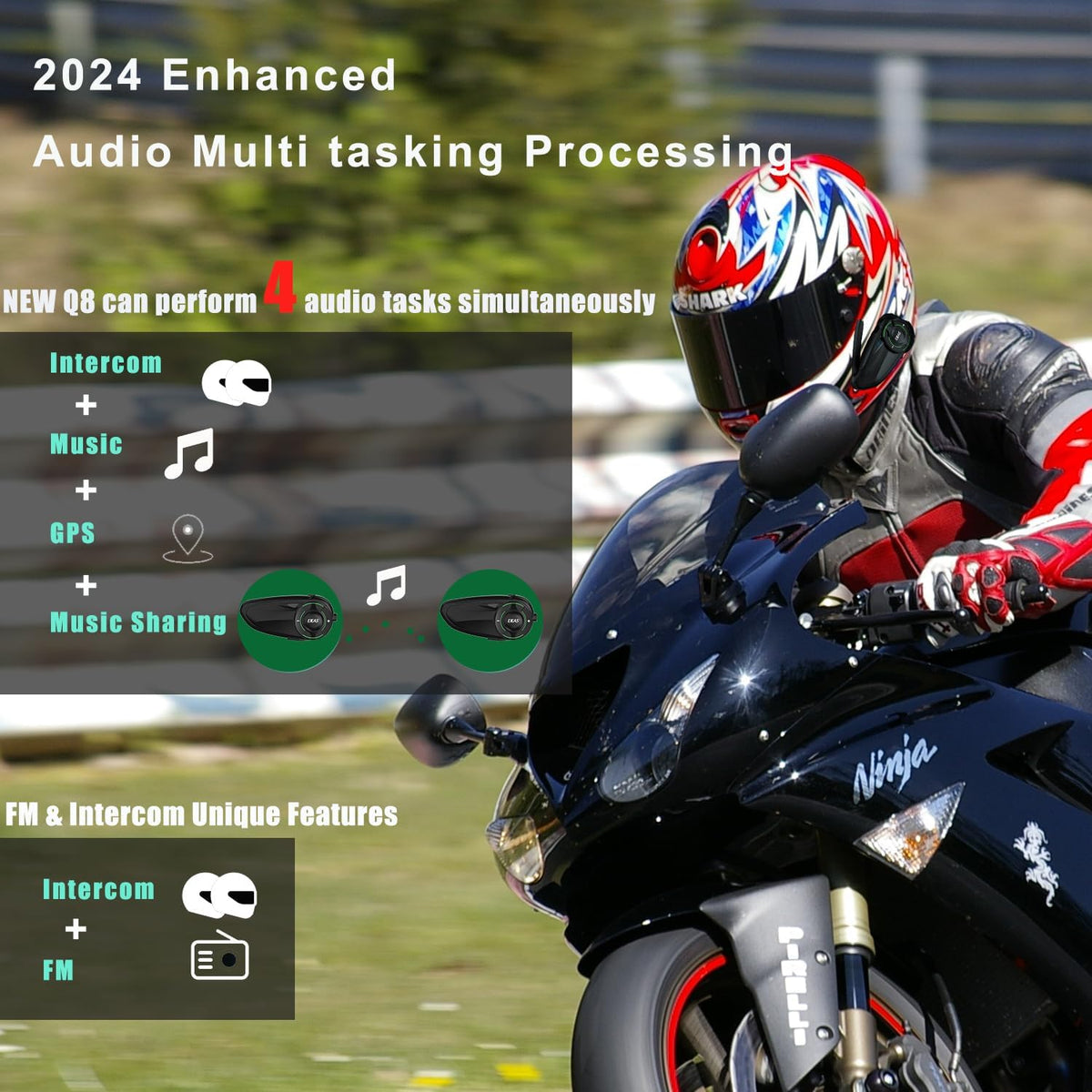 SolaMr Q8 Motorcycle Helmet Bluetooth Intercom Headset, 230hours Standby, 6 Riders Mesh Communication Systems with Audio Multitasking, Music Sharing, Noise Cancellation, FM Radio -2 Pack