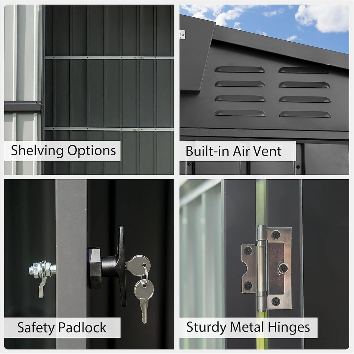 IKERY Galvanized Steel Storage Shed - 8.2' x 6.2' with Lockable Door, Large Metal Garden Shed for Bikes, Trash Cans and Outdoor Storage, Suitable for Backyard and Patio, Dark Gray