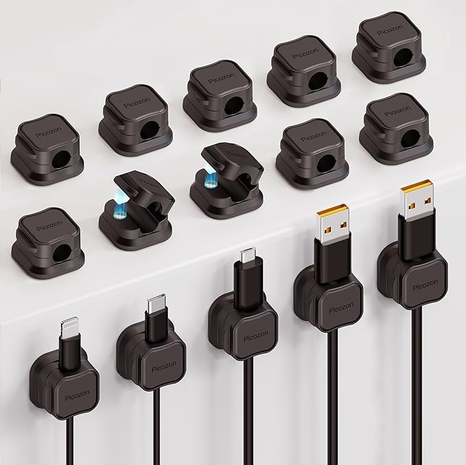 15 Pack Magnetic Cable Clip Organizer Cord Holder, Picozon Adhesive Cable Management, Wire Phone USB Charger Cable Holder, Keeper Organizer for Office Home Desktop Table - Black