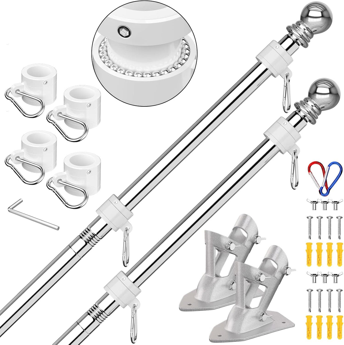 ZMTECH Flag Pole - Upgraded Bracket, (2 Packs) 6 FT Stainless Steel Flag Poles for Outside House, Residential or Commerical, Tangle Free Flag Pole Kit for American Flag (Without Flag, Silver)