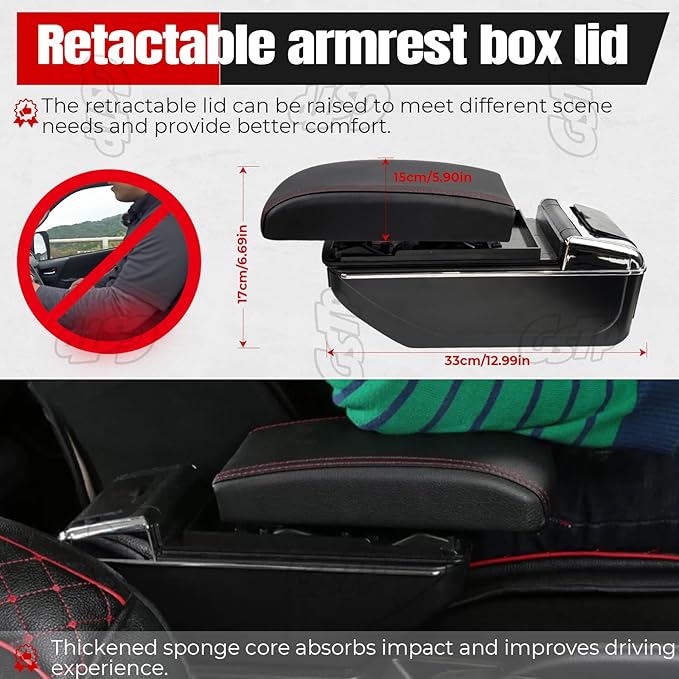 Center Console Armrest Compatible with Mini Cooper Coupe R50 R52 R53 R56 R57 R58 F55 F56 F57 Countryman with 7 USB Port Cup Holder Double Layer Organizer Storage Box (Black with Red Line)