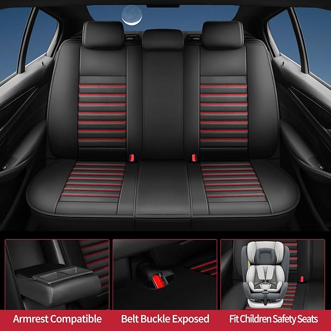 Fit Elantra Car Seat Covers for Hyundai Elantra 2017-2024 2025 2026 - Upgraded Premium Waterproof & Breathable Leather,Airbag Compatible, All-Weather Seat Cushion Protector(Full Set,Black+Red)