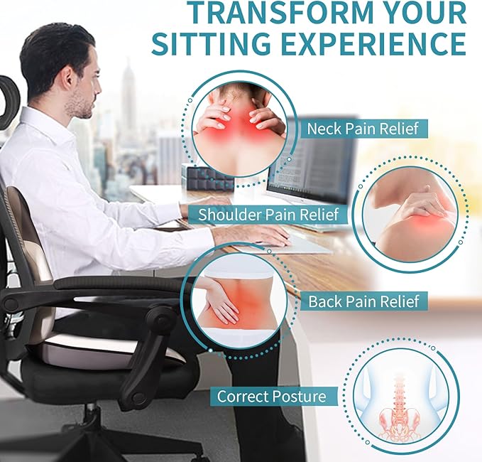FLORICH Seat Cushion with Lumbar Support Pillow and Car Neck Headrest Pillow Kit for Office Chair, Memory Foem Sciatica Tailbone Hip Lower Back Pain Pressure Relief Butt Pads for Long Sitting Driving