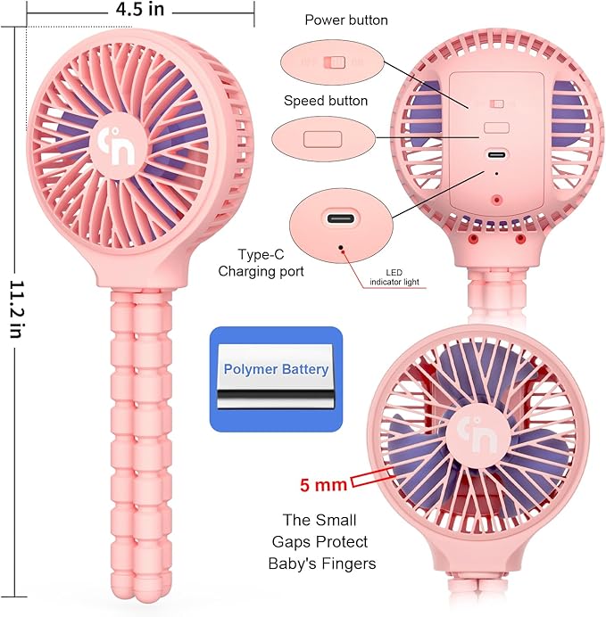 WiHoo Portable Stroller Fan, 11H Ultra-long Battery Life 3 Speed 360°Rotate, USB Rechargeable or Battery Operated Cooling Clip On Personal Fan for Baby Crib Travel Car Seat Pink