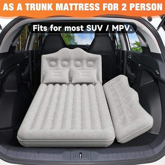 Car Air Mattress Bed: Inflatable Back Seat Air Mattress for Car, Thickened Camping Sleeping Pads with 2 Pillows & Air Pumps, Fits Sedan/Truck/SUV, Grey