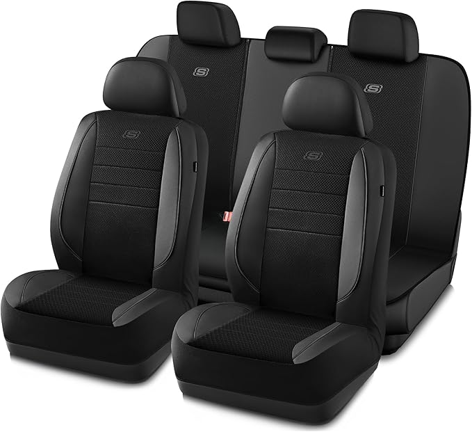 Skechers Air-Cooled Memory Foam Seat Covers,Mesh Thick Car Seat Covers,Piping Leather Car Seat Cover,Airbag Compatible,Automotive Comfort for Most Cars, Vans, Trucks, SUV(Black, Full Set)