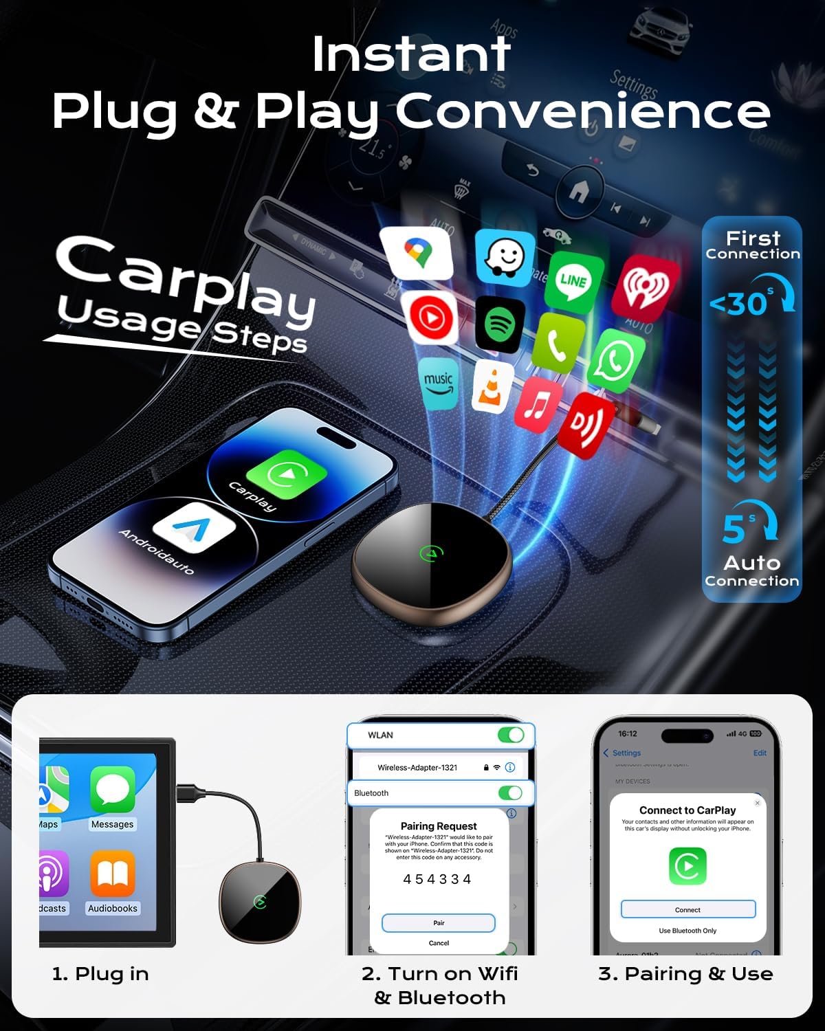 Wireless Carplay Adapter for iPhone & Android Auto 2-in-1, Stable, Plug & Play Low Delay Carplay Wireless Adapter Convert Wired to Wireless Apple Car Play Dongle for iOS 10+/Android 11+(Titanium)