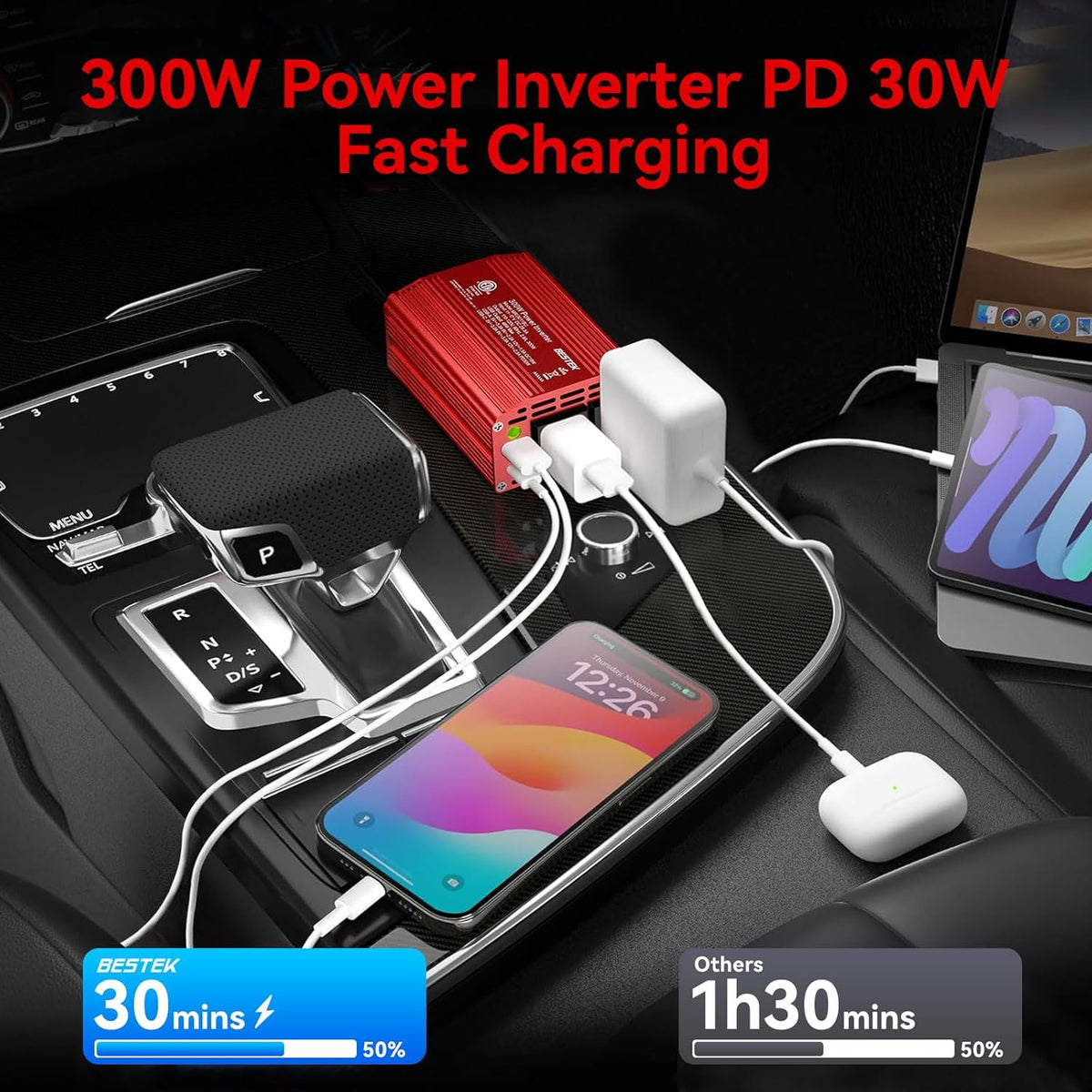BESTEK 300W Car Power Inverter - DC 12V to 110V AC Car Plug Adapter with 30W USB-C & 18W USB-A Dual AC Outlet, Fast Car Charger Adapter for Laptop, Vehicles, Road Trip Essentials