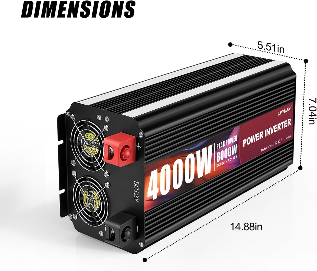 LVYUAN 4000 Watt Power Inverter 12V to 110V 120V for Vehicle, Solar Inverter System, Heavy Duty, RV, Truck, Off Grid,Camping with 4 AC Outlets, LCD Display, Wireless Remote Control, Car Power Inverter