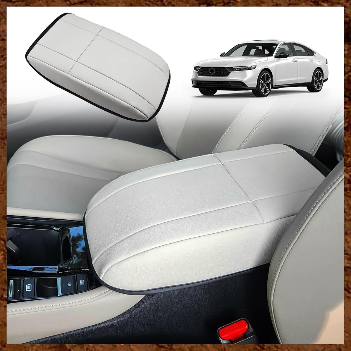 Muslogy for Accord 2023-2025 Center Console Cover Armrest Pad Vegan Leather Extra Soft Armrest Lid Protector Compatible with Honda Accord LX EX Sport Hybrid EX-L Sport-L Touring (V1 White)