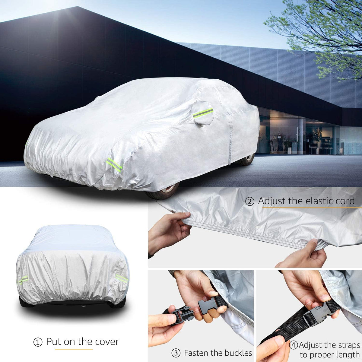 Amazon Basics Silver Weatherproof Car Cover - 150D Oxford, Sedans up to 190"