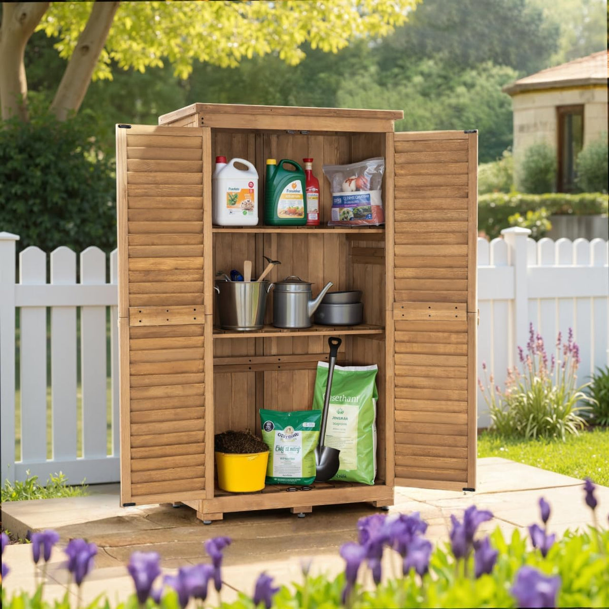 MCombo Outdoor Storage Cabinet, Garden Storage Shed, Outside Vertical Shed with Lockers, Outdoor 63 Inches Wood Tall Cabinet for Yard and Patio 0870 (Natural)