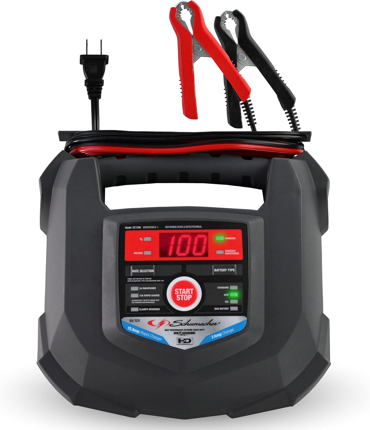 Schumacher Electric Car Battery Charger and Maintainer SC1280 4-in-1, 15 Amp, Fully Automatic for 6v and12v Automobile Batteries - Ideal for Motorcycles, Cars, Trucks, SUVs, Marine Batteries, and More