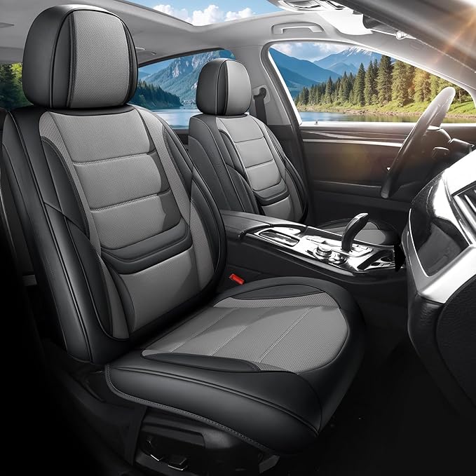 Car Seat Covers Full Set Custom Fit for Ford Fusion 2007-2020 - Premium Faux Leather with Lumbar Support, Waterproof, Breathable, Anti-Slip, Easy to Install &Protectors (Black&Gray,Full Set)